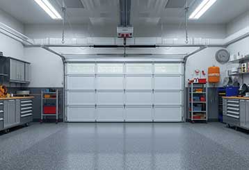 Spacious Anaheim garage with custom cabinets, wall racks, and a new insulated door, showcasing organized storage and premium flooring