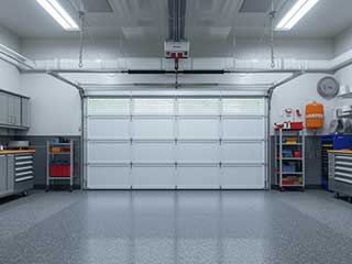 Spacious Anaheim garage with custom cabinets, wall racks, and a new insulated door, showcasing organized storage and premium flooring