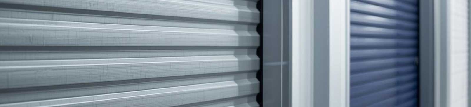 Close-up view of steel and colored roll up garage doors in a modern residential setting