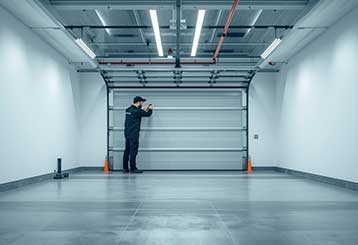Garage door technician adjusting and inspecting a modern residential garage door in a clean, well-lit space in Anaheim
