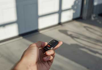 Close-up of a person using a modern garage door remote opener, with blurred white garage doors in the background