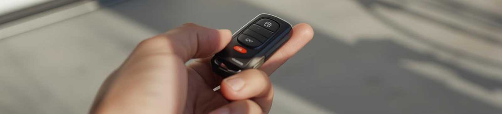 Close-up of a person using a modern garage door remote opener, with blurred white garage doors in the background