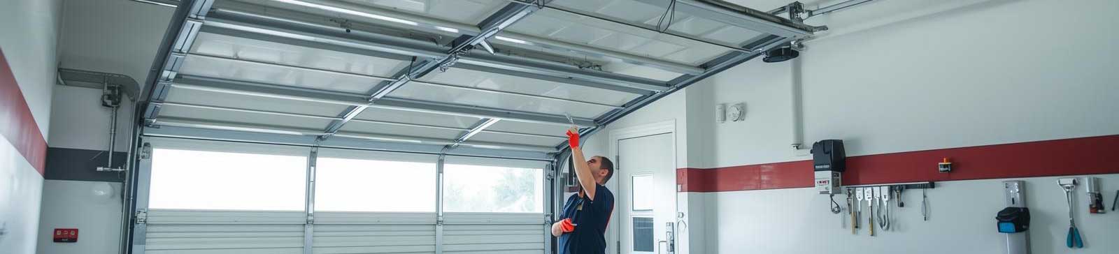 Professional garage door technician servicing an overhead garage door in a well-equipped Anaheim garage
