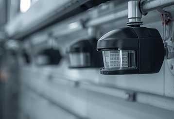 Close-up of a motion-detecting safety sensor mounted on a garage door track in an Anaheim home