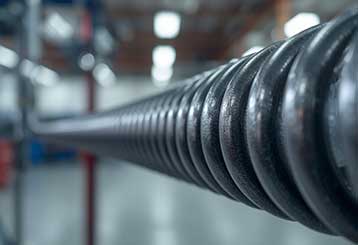 Close-up view of black metal torsion spring installed on residential garage door in Anaheim