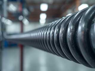 Close-up view of black metal torsion spring installed on residential garage door in Anaheim