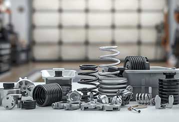 Various new garage door parts including springs, rollers, and tracks arranged in a garage workshop for online retail and repair