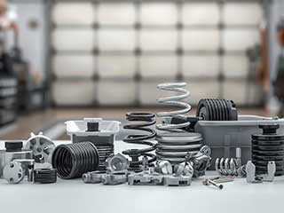 Various new garage door parts including springs, rollers, and tracks arranged in a garage workshop for online retail and repair
