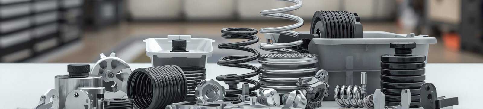 Various new garage door parts including springs, rollers, and tracks arranged in a garage workshop for online retail and repair