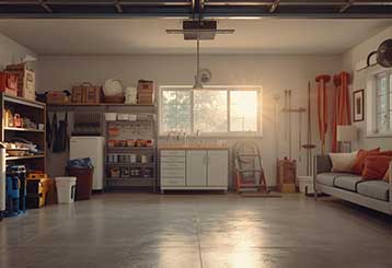 Well-organized Anaheim garage featuring custom storage, cozy seating, and ample sunlight for a functional and inviting retreat