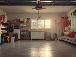 Well-organized Anaheim garage featuring custom storage, cozy seating, and ample sunlight for a functional and inviting retreat