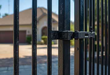 Sturdy black metal gate and latch in front of Anaheim home, highlighting professional gate repair and installation services