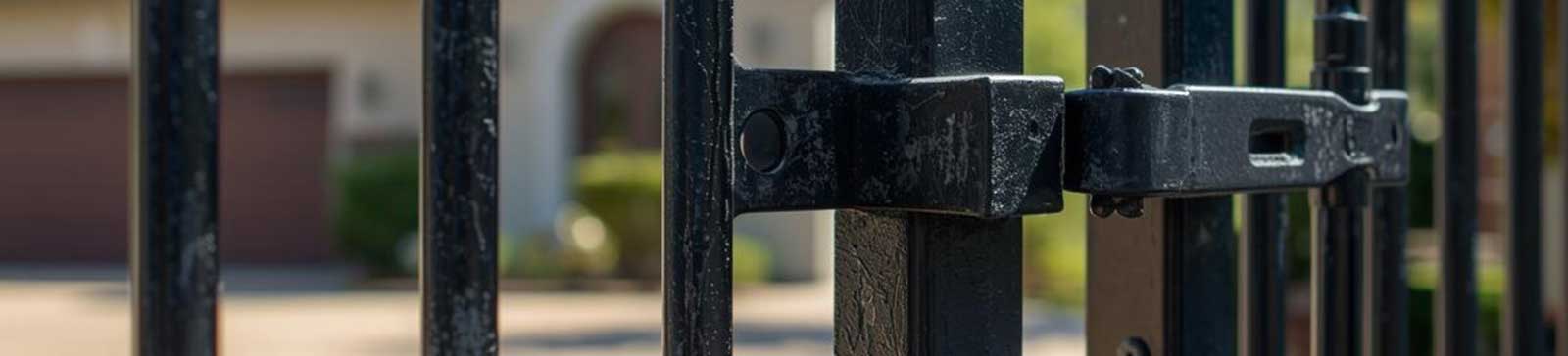 Sturdy black metal gate and latch in front of Anaheim home, highlighting professional gate repair and installation services