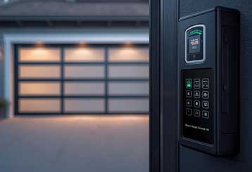 Modern keypad and display panel for keyless smart garage door entry with illuminated residential garage in Anaheim, CA