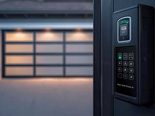 Modern keypad and display panel for keyless smart garage door entry with illuminated residential garage in Anaheim, CA