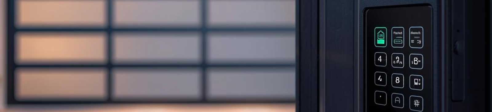 Modern keypad and display panel for keyless smart garage door entry with illuminated residential garage in Anaheim, CA