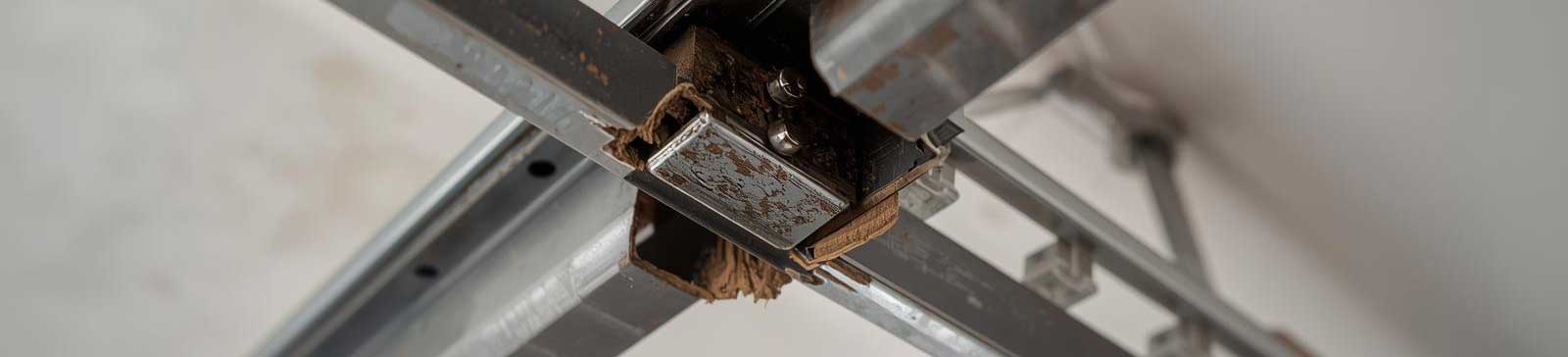 Damaged and misaligned metal garage door tracks showing rust and wear on a residential garage ceiling